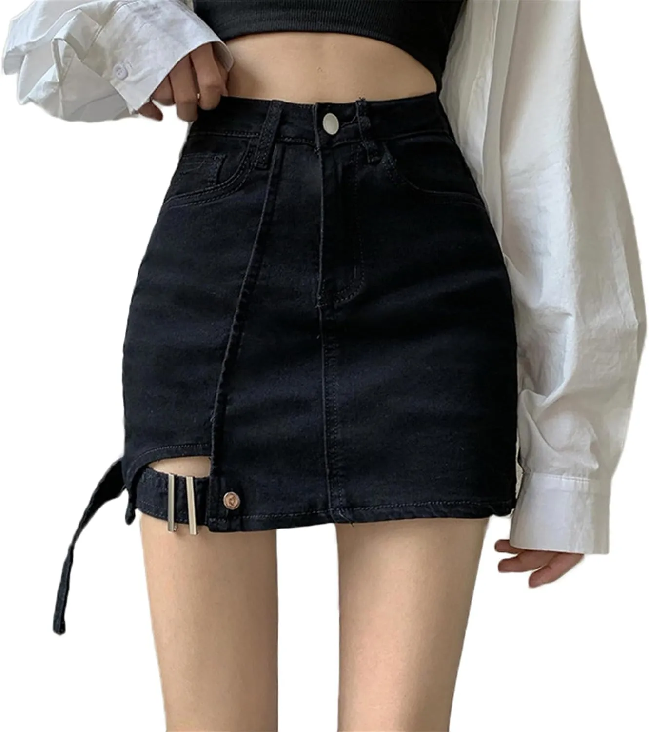 Andongnywell Womens High Waist Buttoned Strap Hem Skirt Shorts Casual Denim Shorts with Pockets Summer Fashion Jeans Shorts
