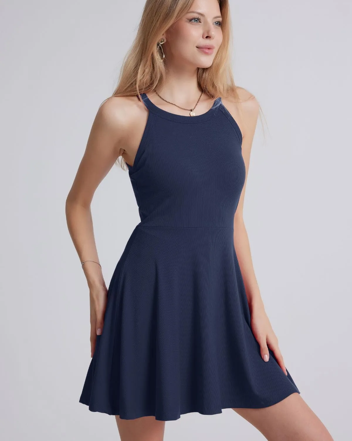 ANYFITTING Built in Bra Halter Dresses for Women Short Mini Casual Ribbed Skater Cute Dress