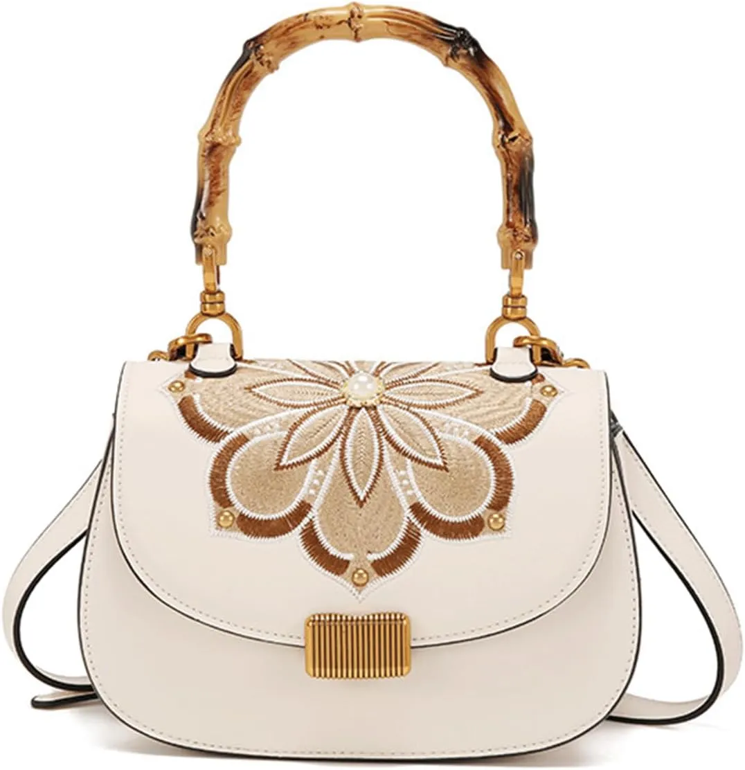 Bamboo Handle Purse for Woman Delicate Floral Embroidery Handbag Crossbody Purses Elegant Saddle Top Handle Bag