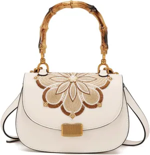 Bamboo Handle Purse for Woman Delicate Floral Embroidery Handbag Crossbody Purses Elegant Saddle Top Handle Bag