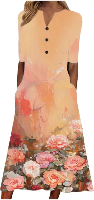 Beach Sundresses for Women 2025 Short Sleeve Summer Floral Dress Vneck Trendy Boho Maxi Dresses Flowy Beach Sundress