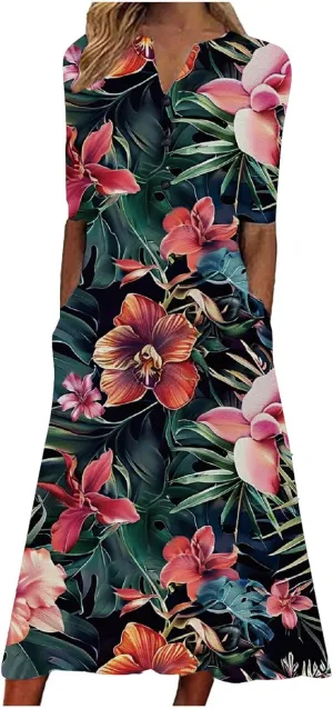 Beach Sundresses for Women 2025 Short Sleeve Summer Floral Dress Vneck Trendy Boho Maxi Dresses Flowy Beach Sundress