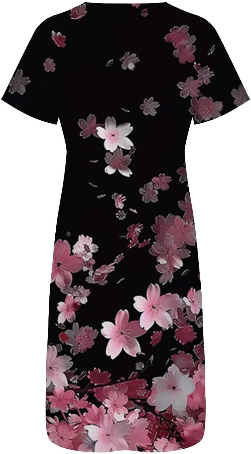 Beach Sundresses for Women 2025 Short Sleeve Summer Floral Dress Vneck Trendy Boho Maxi Dresses Flowy Beach Sundress
