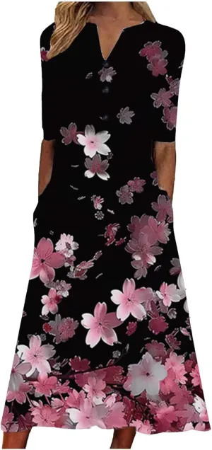 Beach Sundresses for Women 2025 Short Sleeve Summer Floral Dress Vneck Trendy Boho Maxi Dresses Flowy Beach Sundress