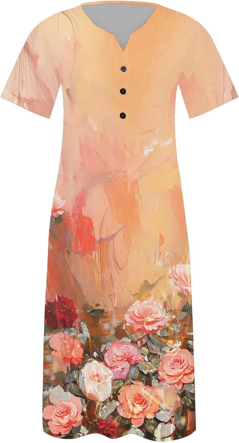 Beach Sundresses for Women 2025 Short Sleeve Summer Floral Dress Vneck Trendy Boho Maxi Dresses Flowy Beach Sundress