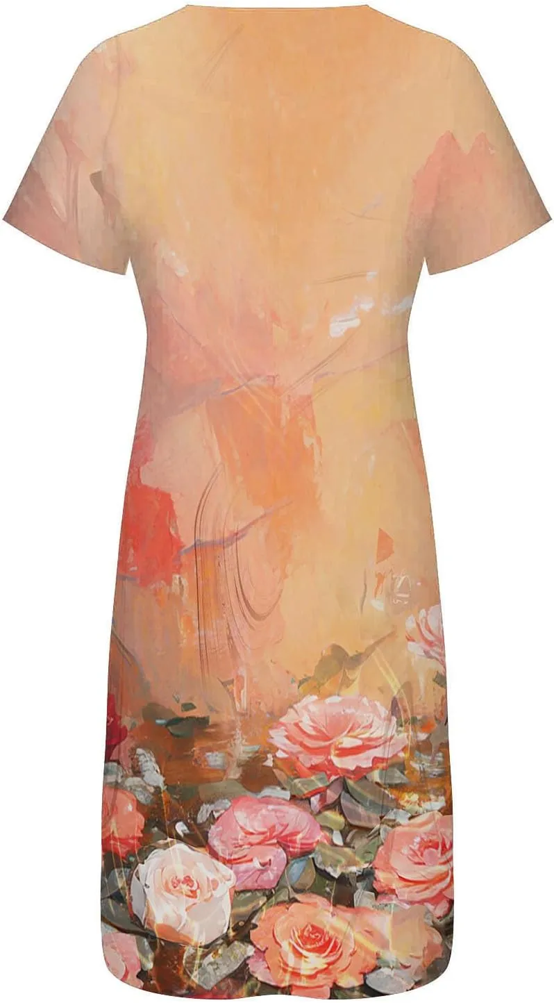 Beach Sundresses for Women 2025 Short Sleeve Summer Floral Dress Vneck Trendy Boho Maxi Dresses Flowy Beach Sundress