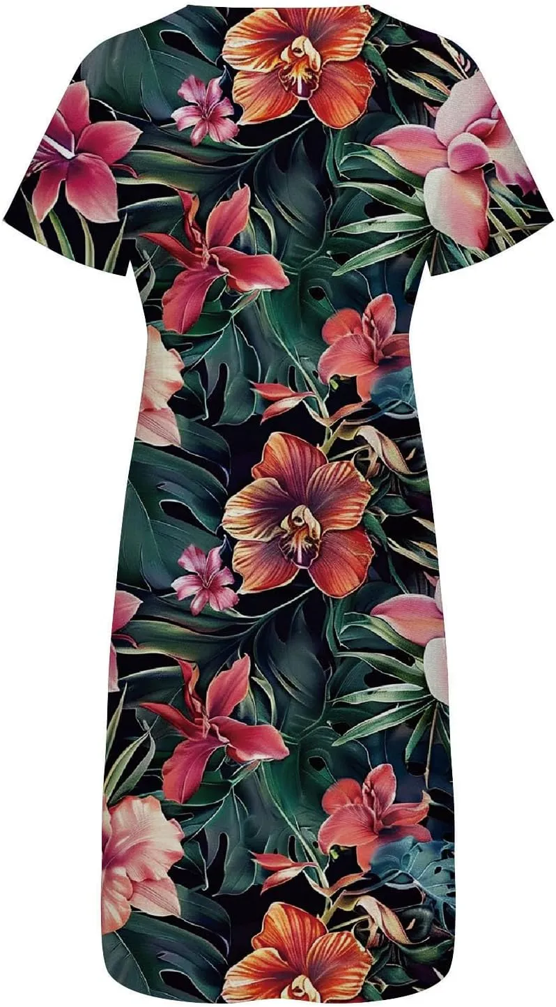 Beach Sundresses for Women 2025 Short Sleeve Summer Floral Dress Vneck Trendy Boho Maxi Dresses Flowy Beach Sundress