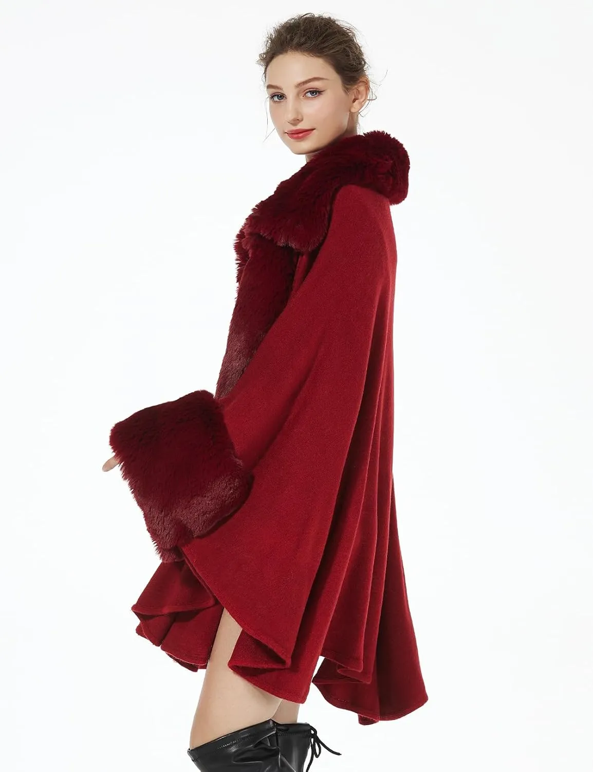 BEAUTELICATE Women Faux Fur Poncho Coat Oversize Cloak Open Front Knit Ruana Full Wrap Shawl