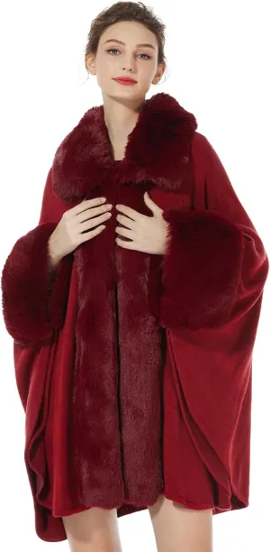 BEAUTELICATE Women Faux Fur Poncho Coat Oversize Cloak Open Front Knit Ruana Full Wrap Shawl