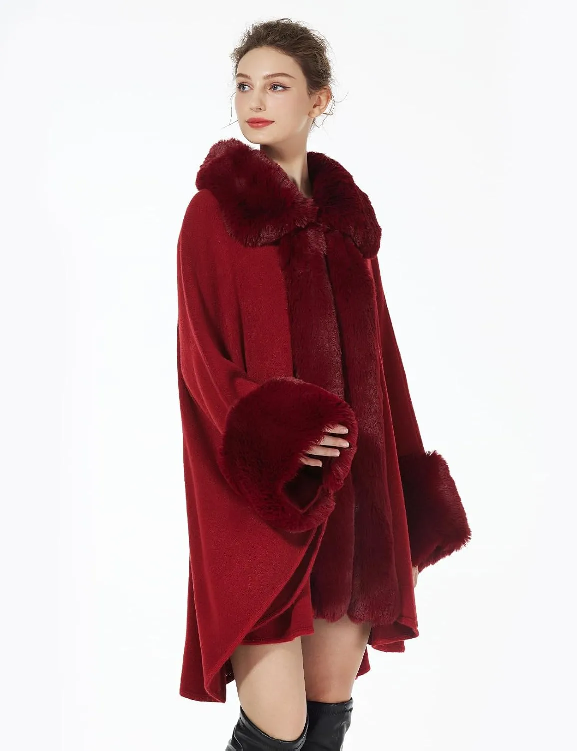 BEAUTELICATE Women Faux Fur Poncho Coat Oversize Cloak Open Front Knit Ruana Full Wrap Shawl