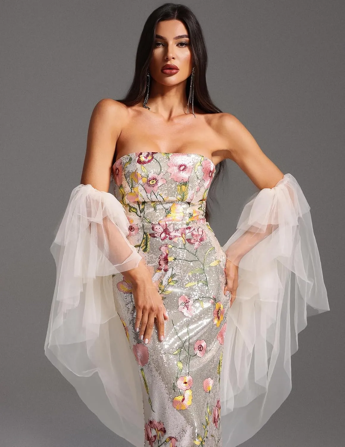 BELLA BARNETT Sophisticated Strapless Chiffon Floral Dress Glamorous Mermaid Elegant Evening Gown