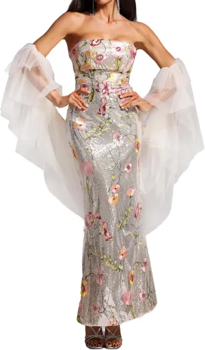 BELLA BARNETT Sophisticated Strapless Chiffon Floral Dress Glamorous Mermaid Elegant Evening Gown