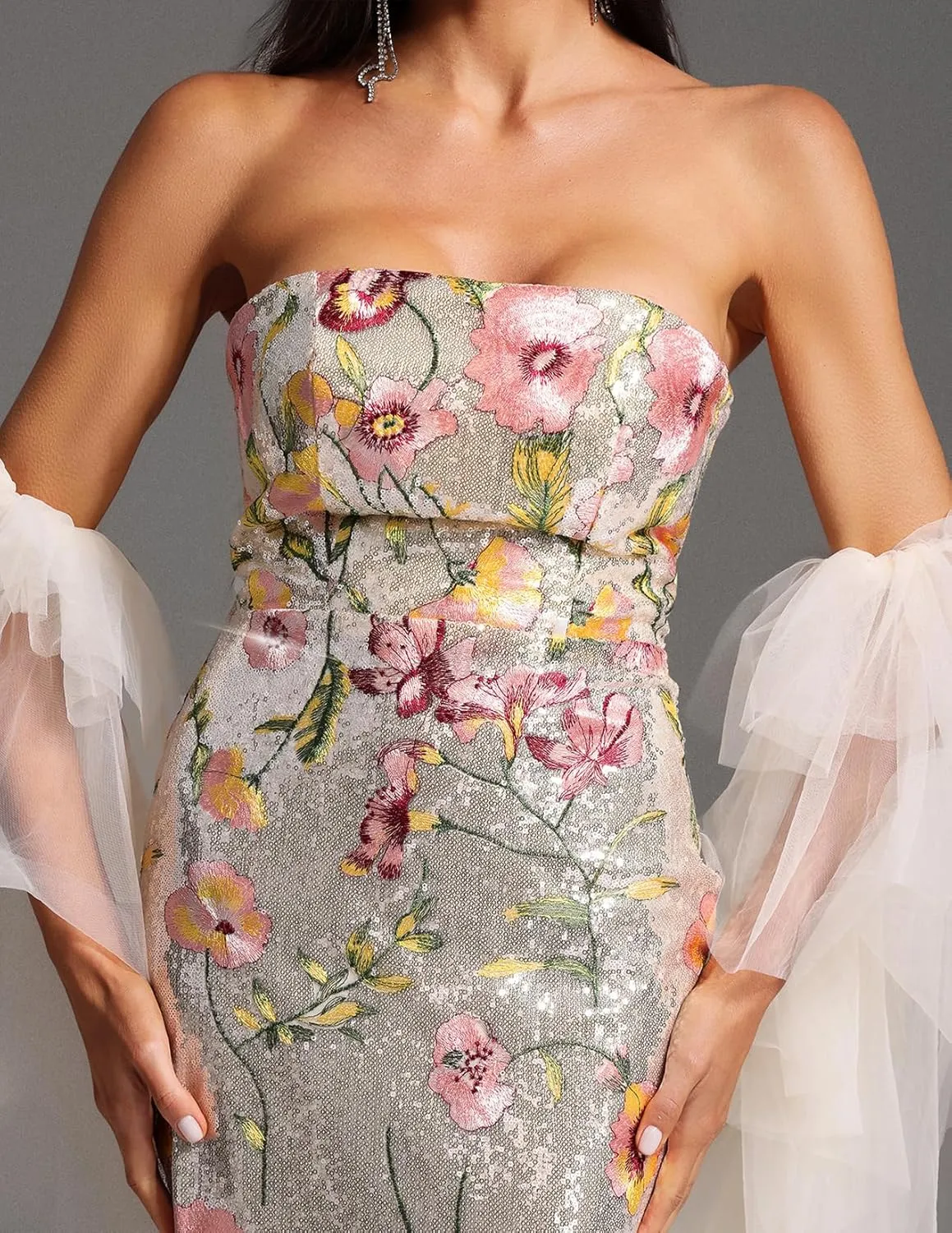 BELLA BARNETT Sophisticated Strapless Chiffon Floral Dress Glamorous Mermaid Elegant Evening Gown