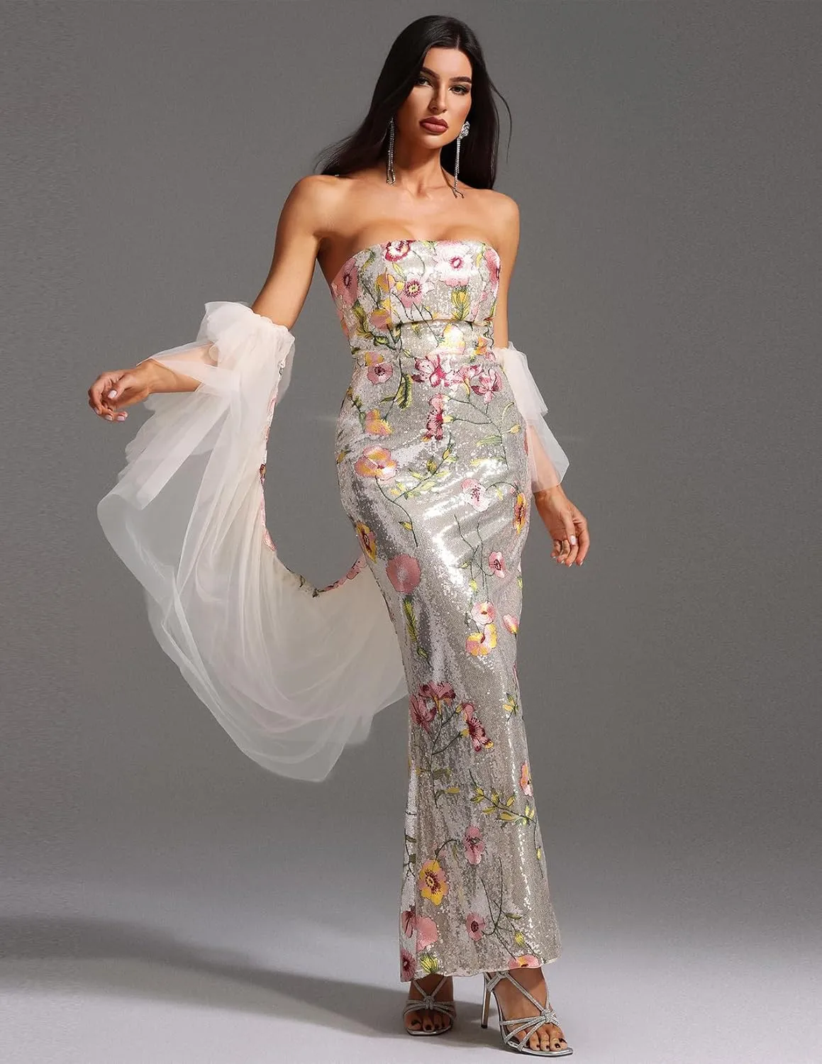 BELLA BARNETT Sophisticated Strapless Chiffon Floral Dress Glamorous Mermaid Elegant Evening Gown