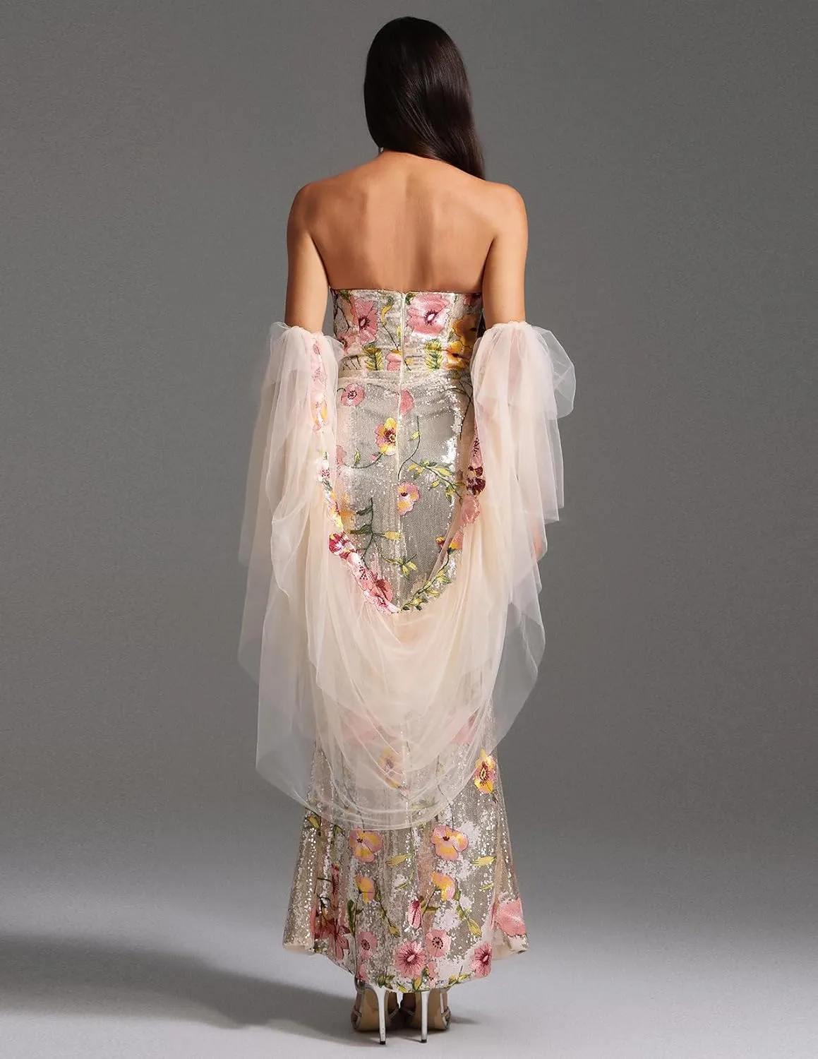 BELLA BARNETT Sophisticated Strapless Chiffon Floral Dress Glamorous Mermaid Elegant Evening Gown