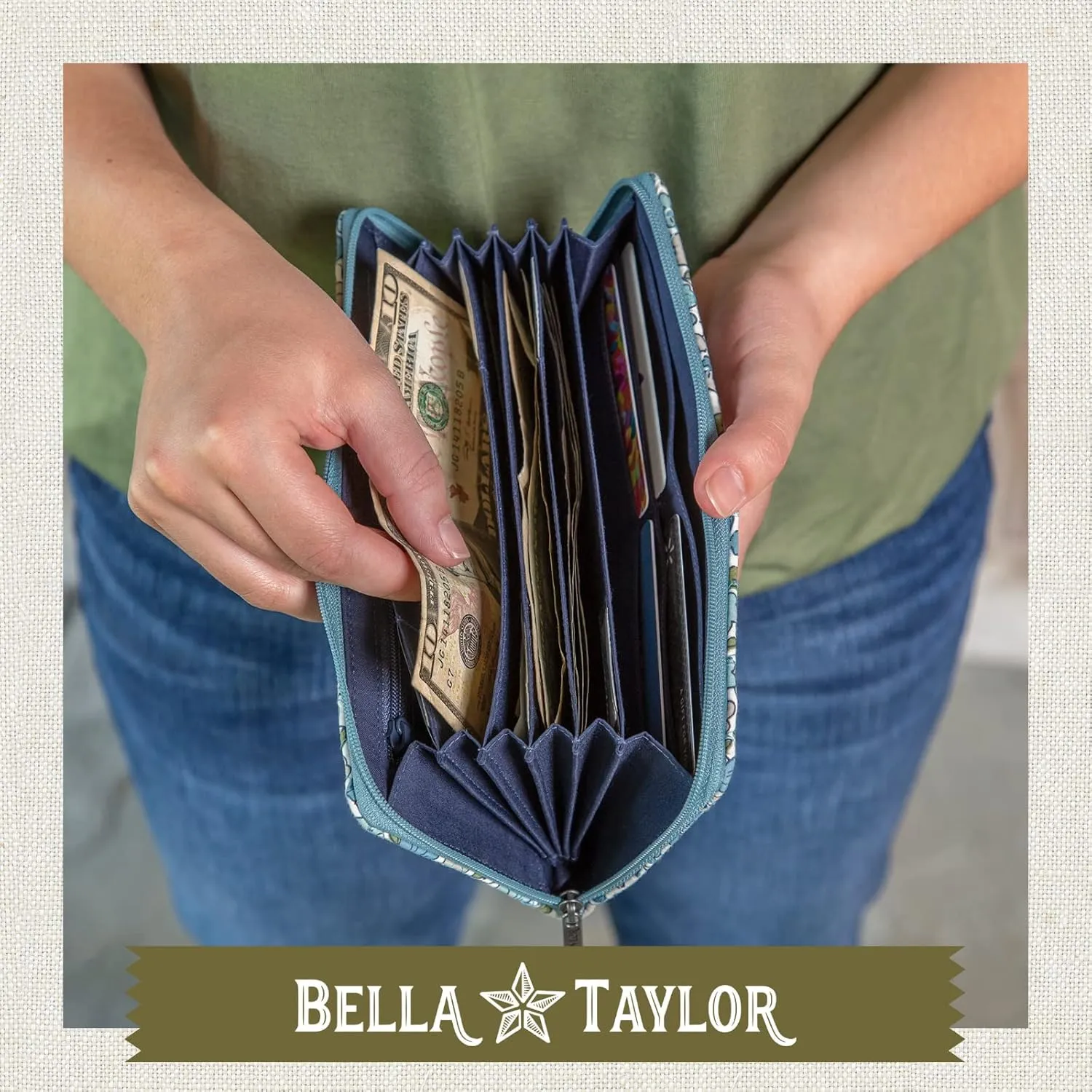 Bella Taylor Cash Envelope Wallet for Budgeting - RFID Protected - Cash Stuffing Wallet with Detachable Wristlet - Delicate Floral Blue
