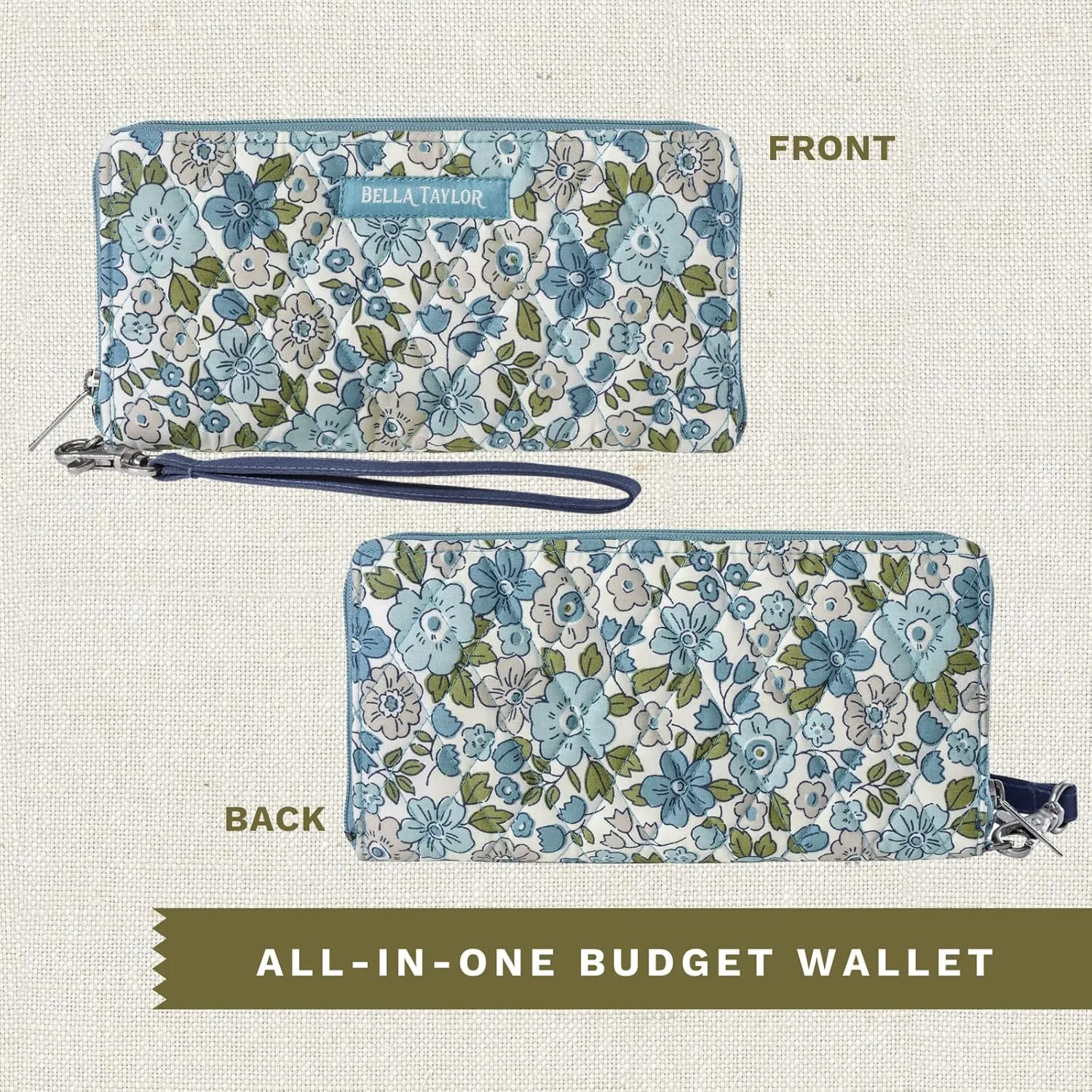Bella Taylor Cash Envelope Wallet for Budgeting - RFID Protected - Cash Stuffing Wallet with Detachable Wristlet - Delicate Floral Blue