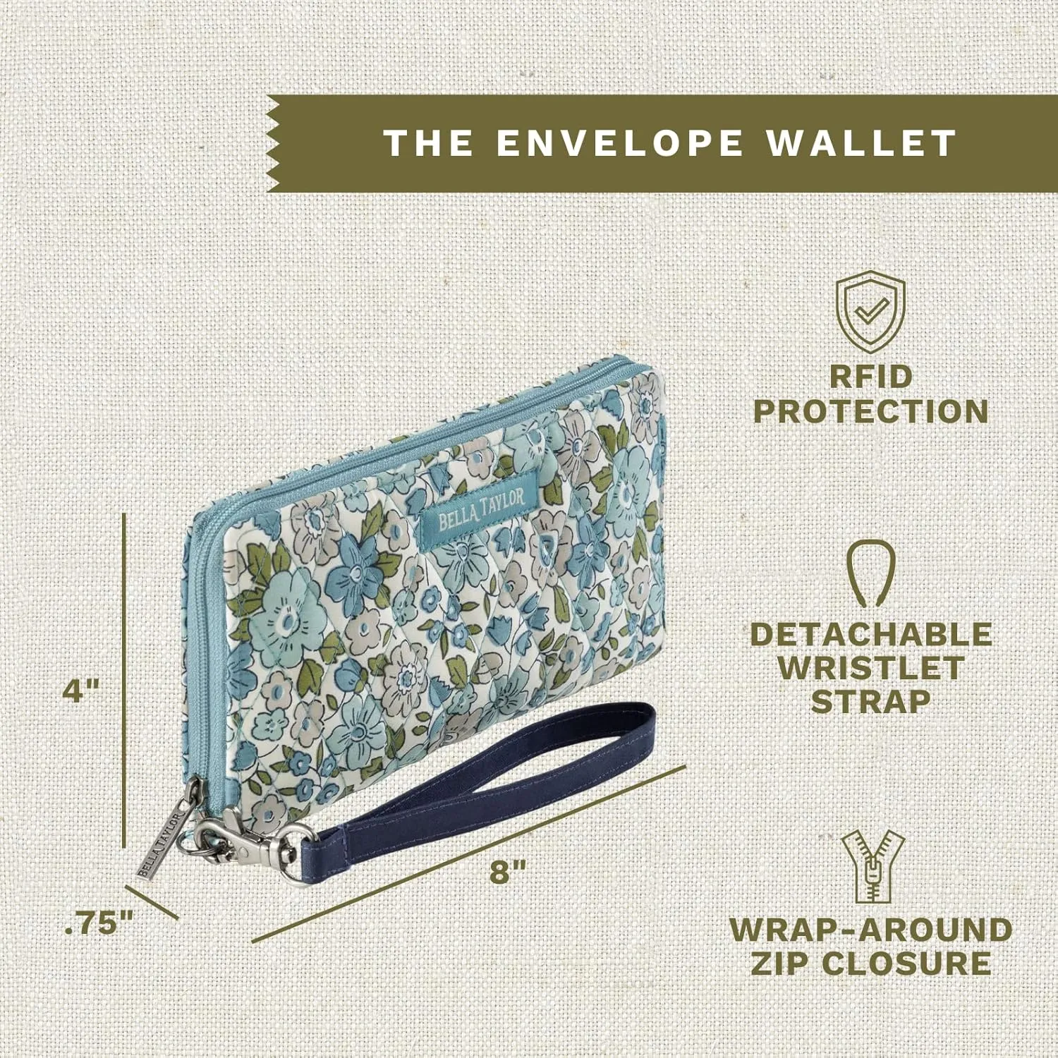 Bella Taylor Cash Envelope Wallet for Budgeting - RFID Protected - Cash Stuffing Wallet with Detachable Wristlet - Delicate Floral Blue
