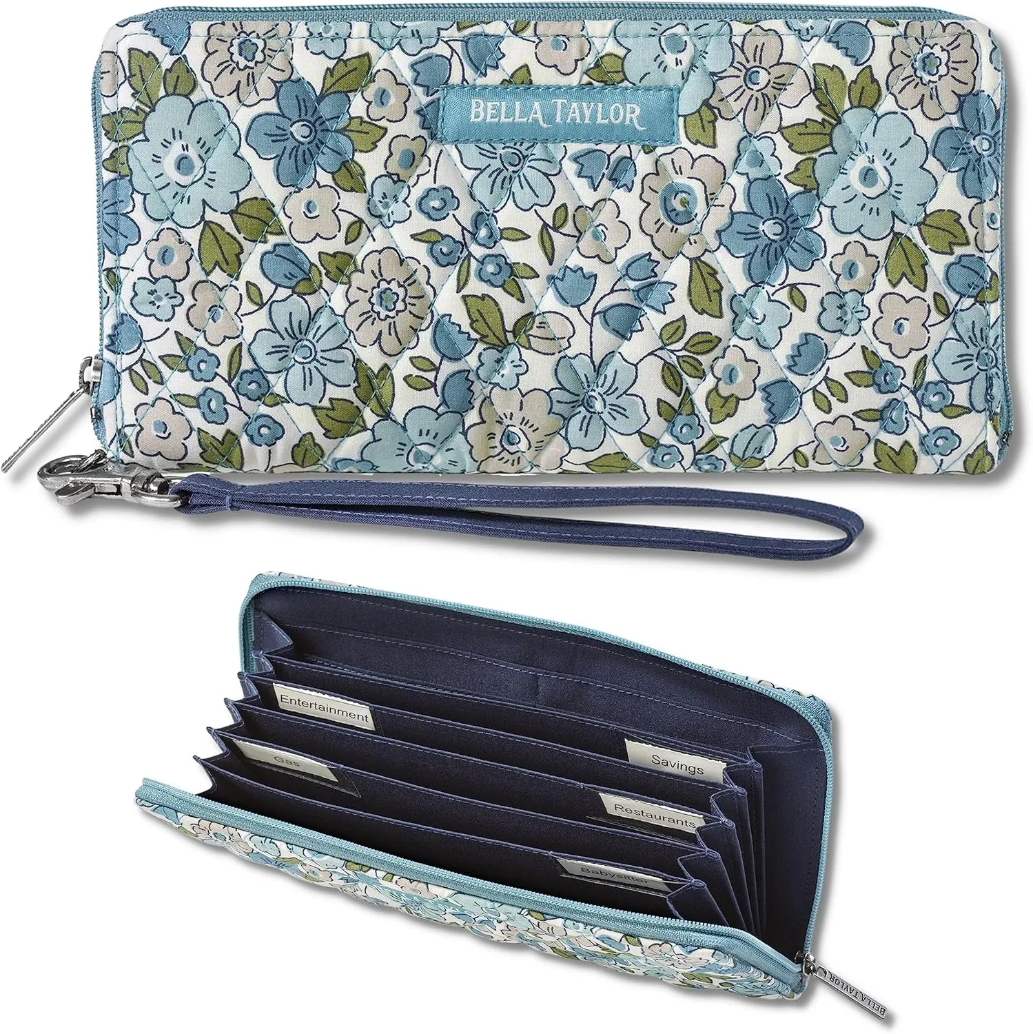 Bella Taylor Cash Envelope Wallet for Budgeting - RFID Protected - Cash Stuffing Wallet with Detachable Wristlet - Delicate Floral Blue