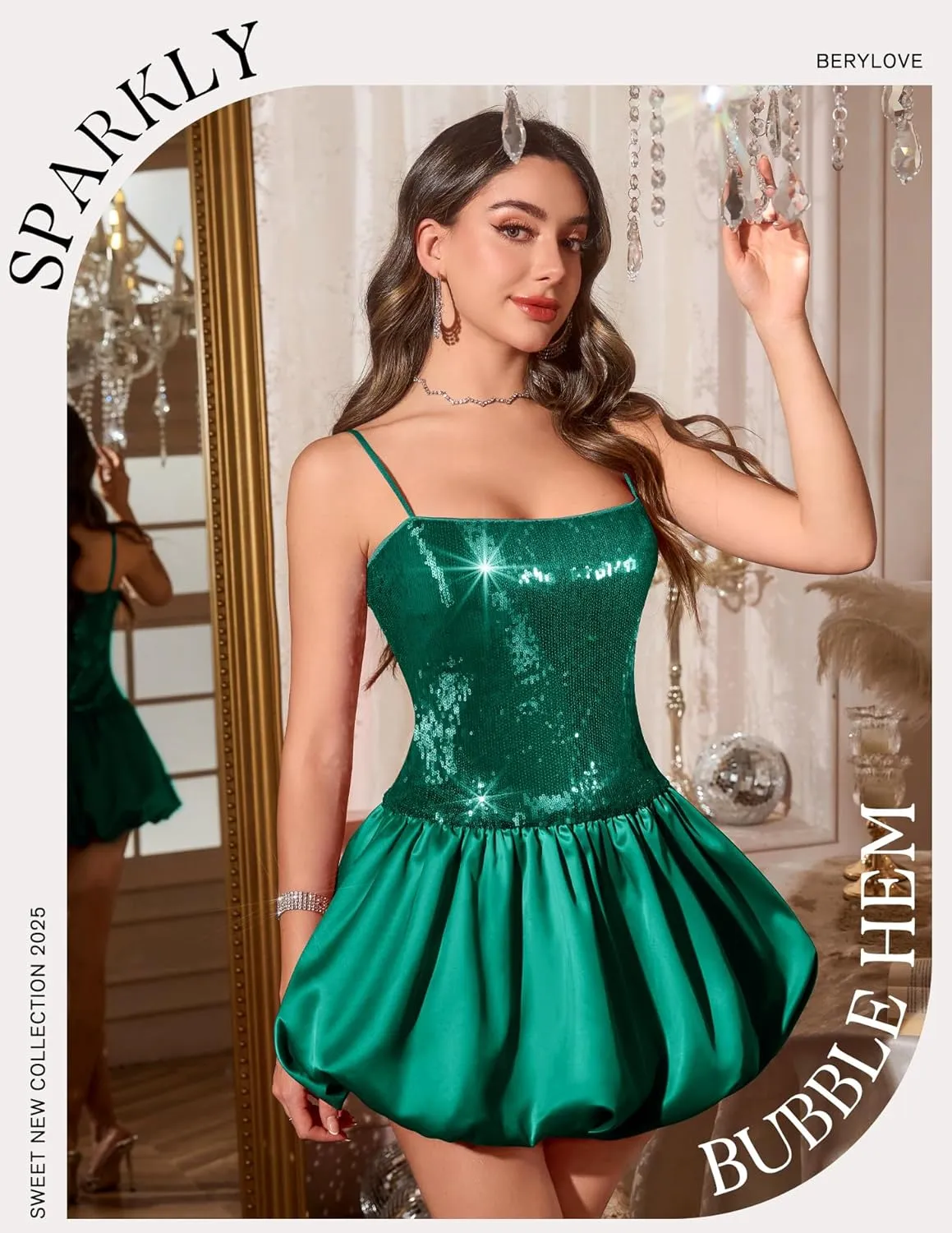 BeryLove Women's Sequin Short Prom Bubble Dress Sparkly Spaghetti Strap Cocktail Party Mini Dresses