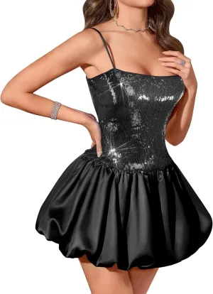 BeryLove Women's Sequin Short Prom Bubble Dress Sparkly Spaghetti Strap Cocktail Party Mini Dresses