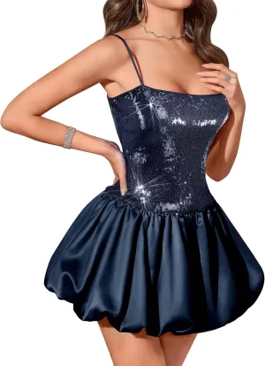 BeryLove Women's Sequin Short Prom Bubble Dress Sparkly Spaghetti Strap Cocktail Party Mini Dresses
