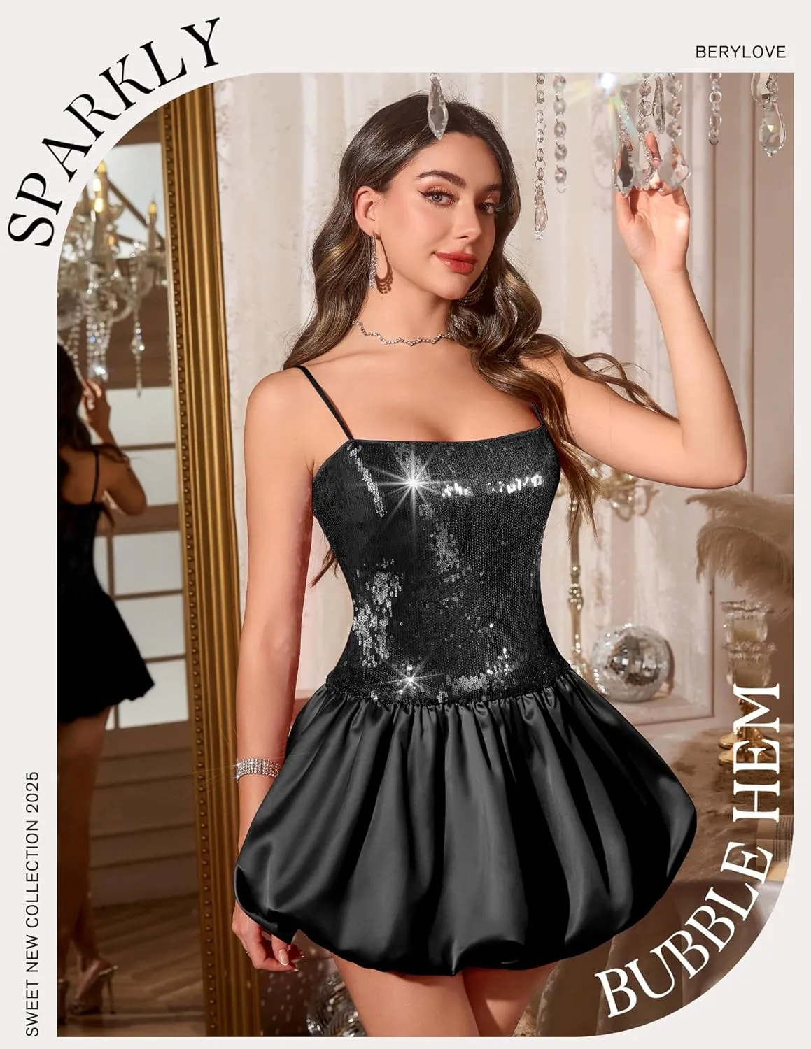 BeryLove Women's Sequin Short Prom Bubble Dress Sparkly Spaghetti Strap Cocktail Party Mini Dresses