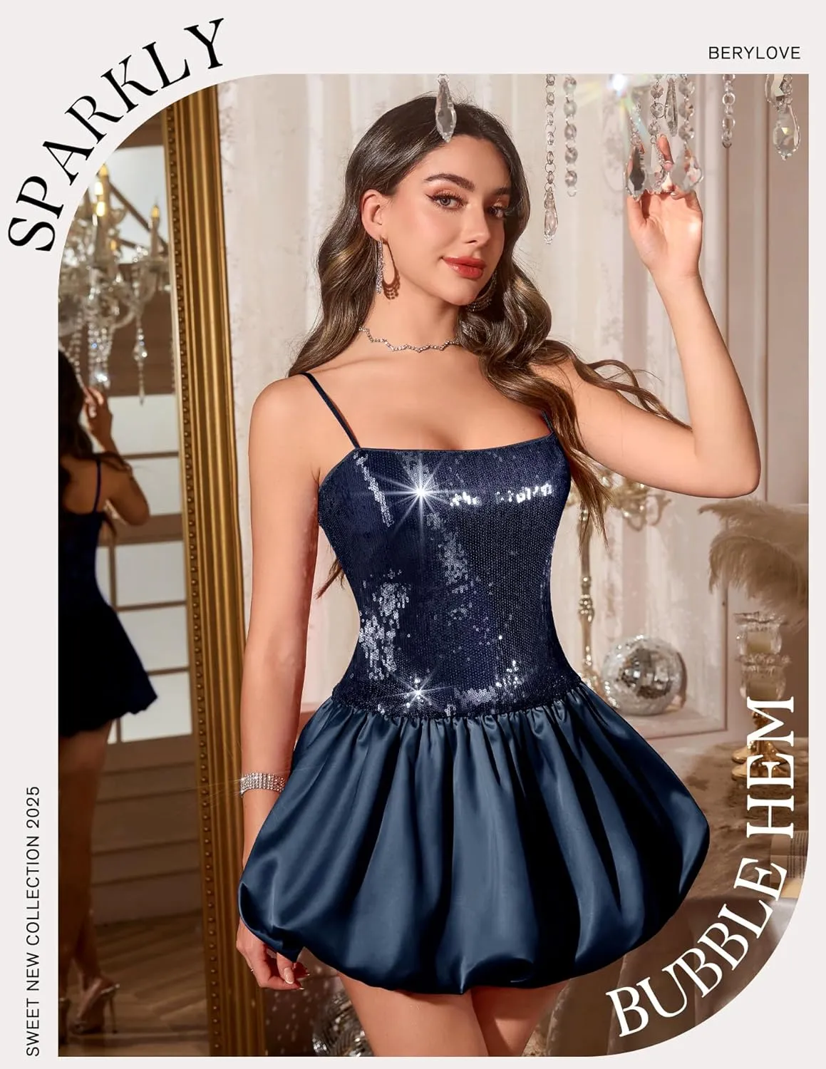BeryLove Women's Sequin Short Prom Bubble Dress Sparkly Spaghetti Strap Cocktail Party Mini Dresses