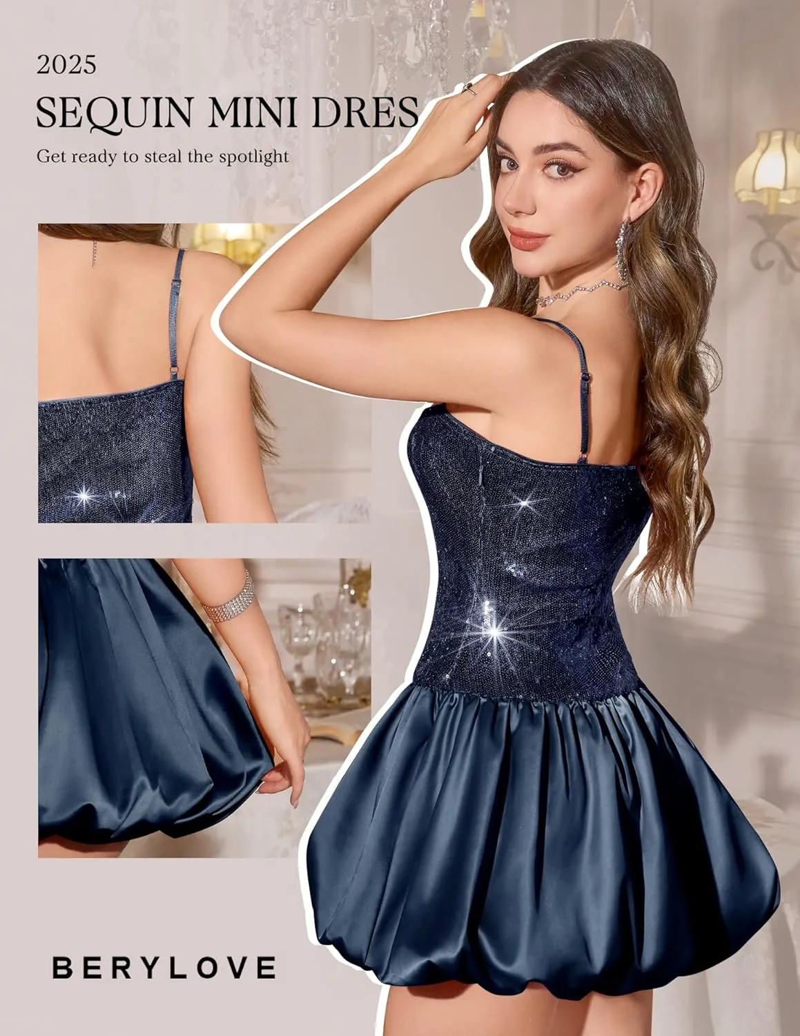 BeryLove Women's Sequin Short Prom Bubble Dress Sparkly Spaghetti Strap Cocktail Party Mini Dresses