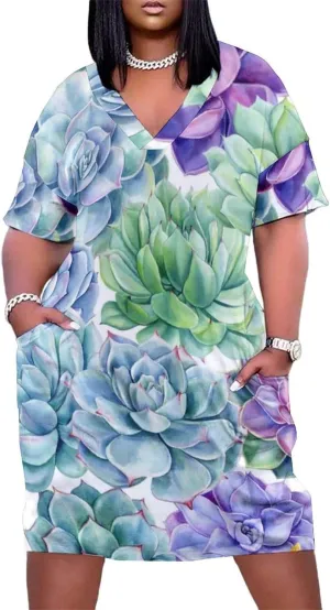 Bird Flower Midi Dresses Plus Size Womens Dress Casual Loose V Neck Short Sleeve T Shirt Dresse Sexy Pocket
