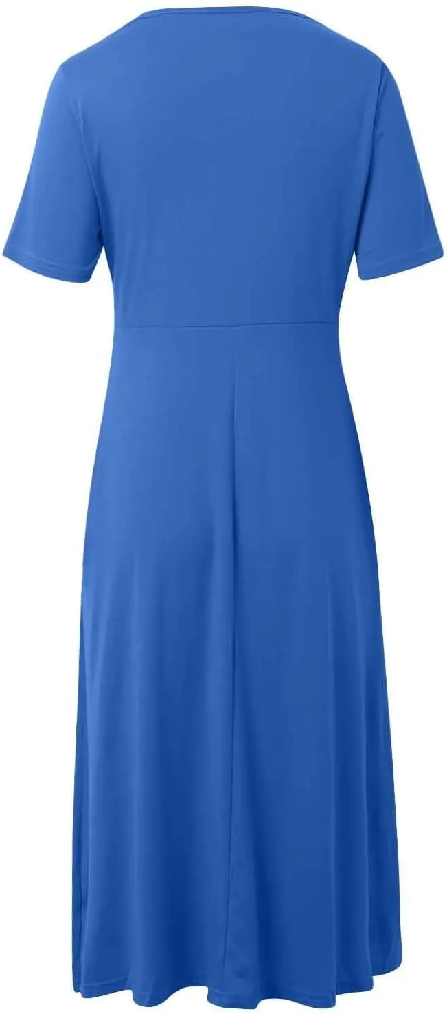Boho A-Line Dress for Women Flowy V-Neck Sundress with Pockets Casual Beach Midi Dress in Cross Front Embroidery