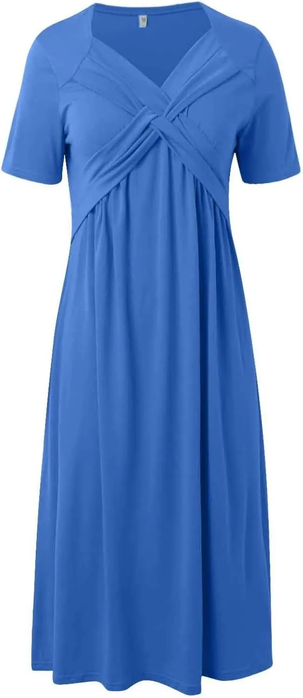 Boho A-Line Dress for Women Flowy V-Neck Sundress with Pockets Casual Beach Midi Dress in Cross Front Embroidery