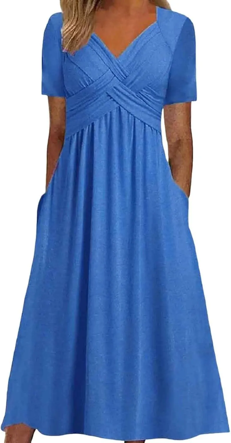 Boho A-Line Dress for Women Flowy V-Neck Sundress with Pockets Casual Beach Midi Dress in Cross Front Embroidery
