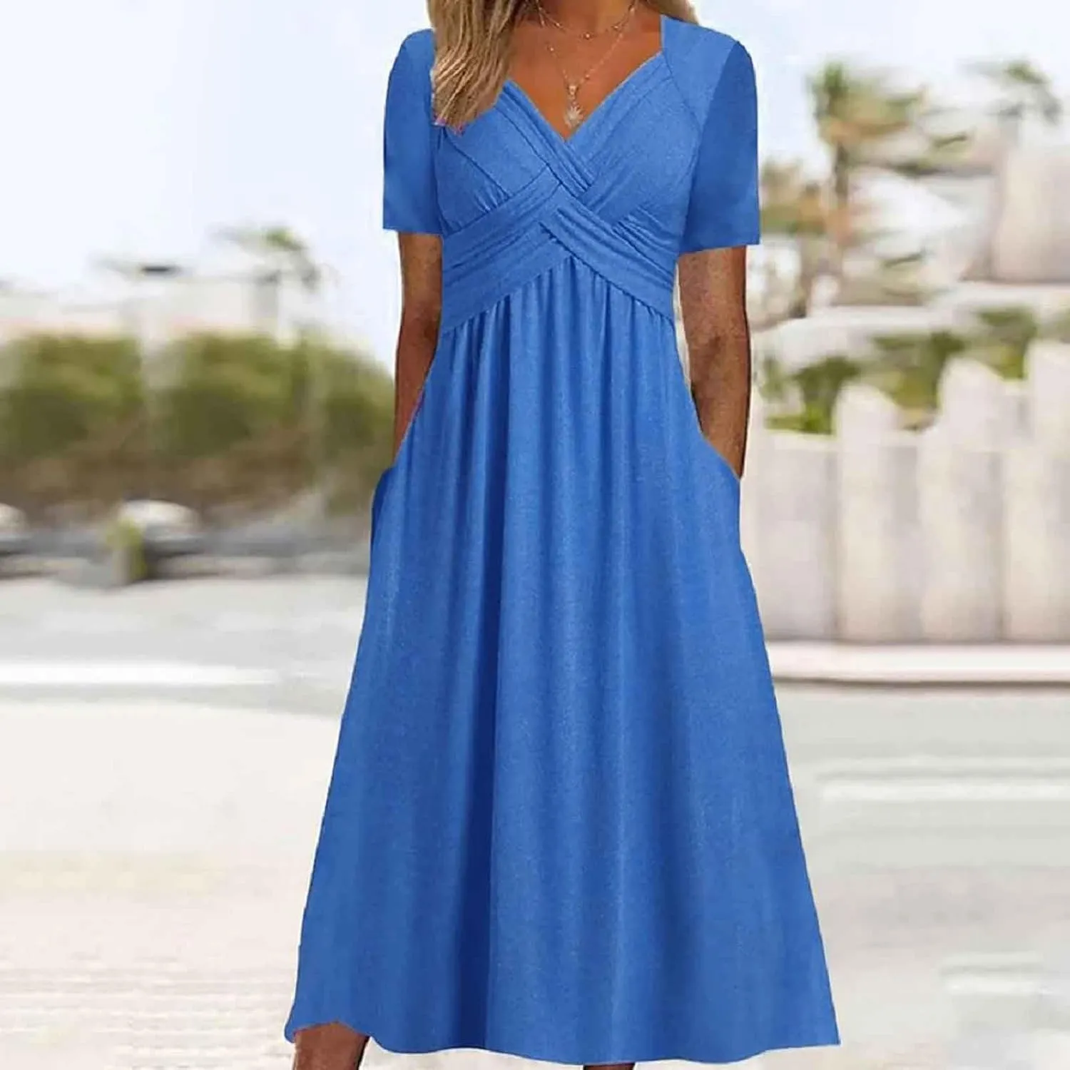 Boho A-Line Dress for Women Flowy V-Neck Sundress with Pockets Casual Beach Midi Dress in Cross Front Embroidery
