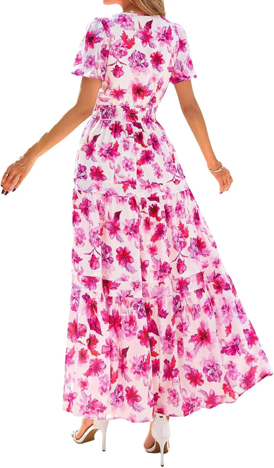 Boho Dresses for Women 2025 Summer Short Sleeve V Neck Ruffle Tiered Dress Floral Print Flowy A Line Maxi Dress