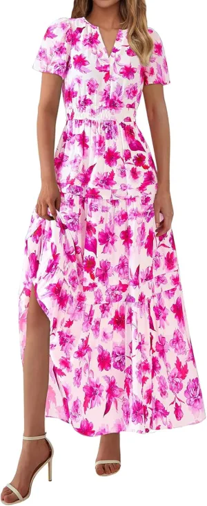 Boho Dresses for Women 2025 Summer Short Sleeve V Neck Ruffle Tiered Dress Floral Print Flowy A Line Maxi Dress