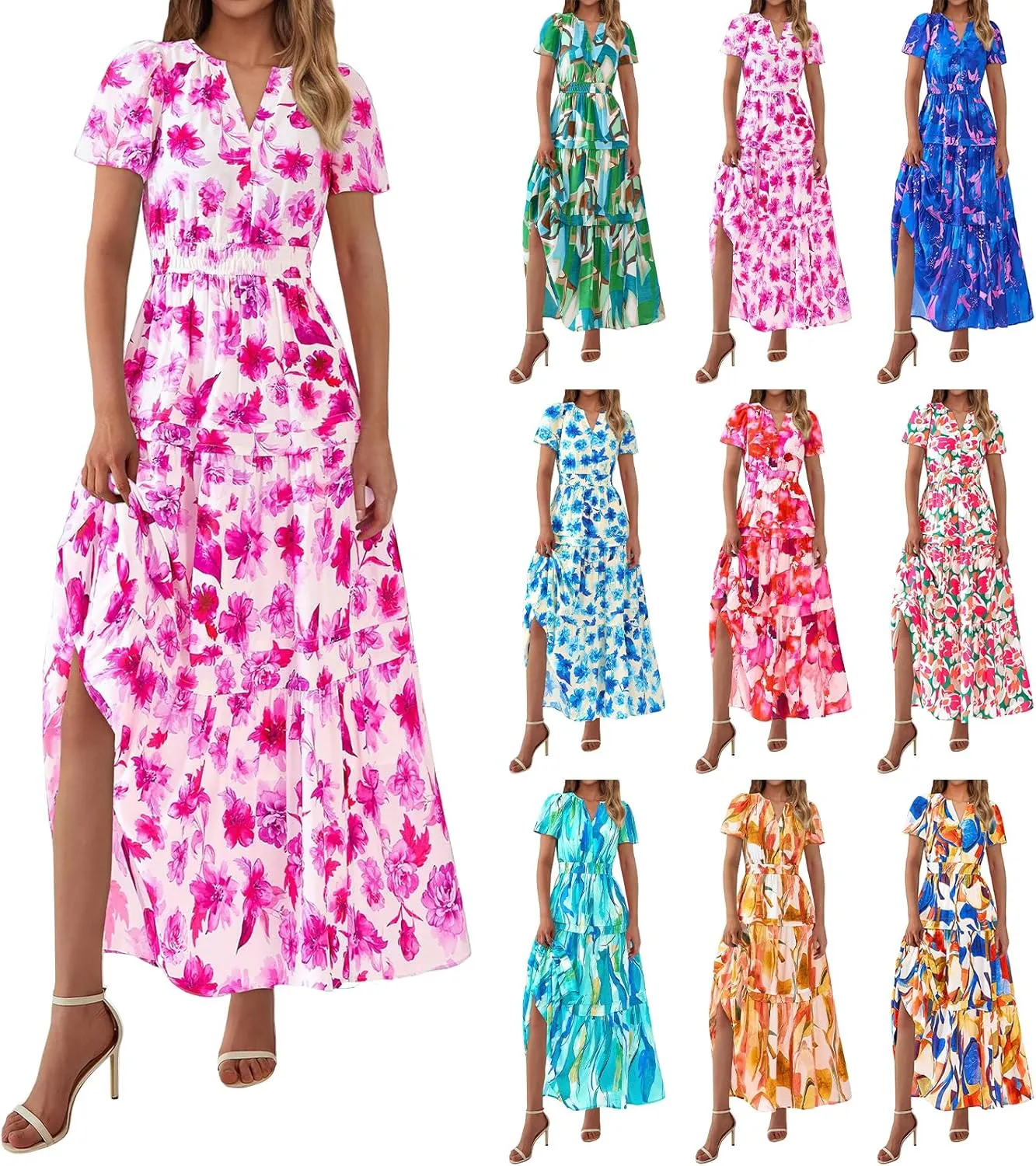Boho Dresses for Women 2025 Summer Short Sleeve V Neck Ruffle Tiered Dress Floral Print Flowy A Line Maxi Dress