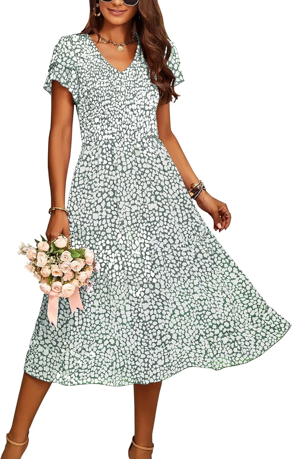 BTFBM Women Casual Summer Short Ruffles Tiered Sleeve Smocked Midi Dresses Bohemian Floral V Neck Wedding Guest Long Dresses