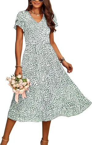 BTFBM Women Casual Summer Short Ruffles Tiered Sleeve Smocked Midi Dresses Bohemian Floral V Neck Wedding Guest Long Dresses