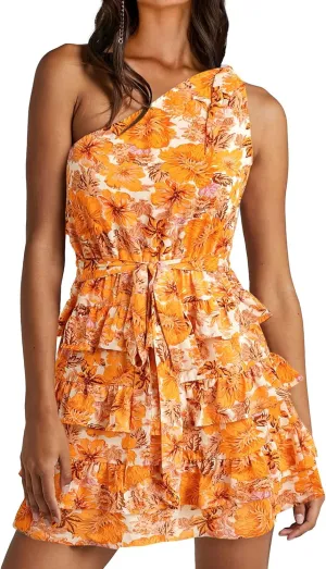BTFBM Women One Shoulder Summer Dresses 2025 Floral Sundress High Waist Flowy A Line Mini Beach Wedding Guest Dress
