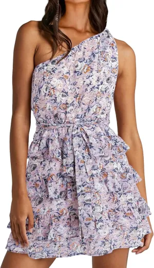 BTFBM Women One Shoulder Summer Dresses 2025 Floral Sundress High Waist Flowy A Line Mini Beach Wedding Guest Dress
