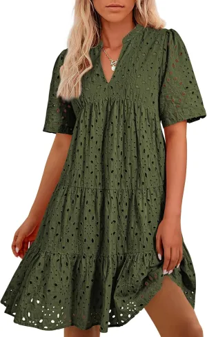 BTFBM Womens Boho Summer Dresses 2025 Resort V Neck Short Sleeve Hollow Out Lace Ruffle Casual Beach Mini Vacation Dress