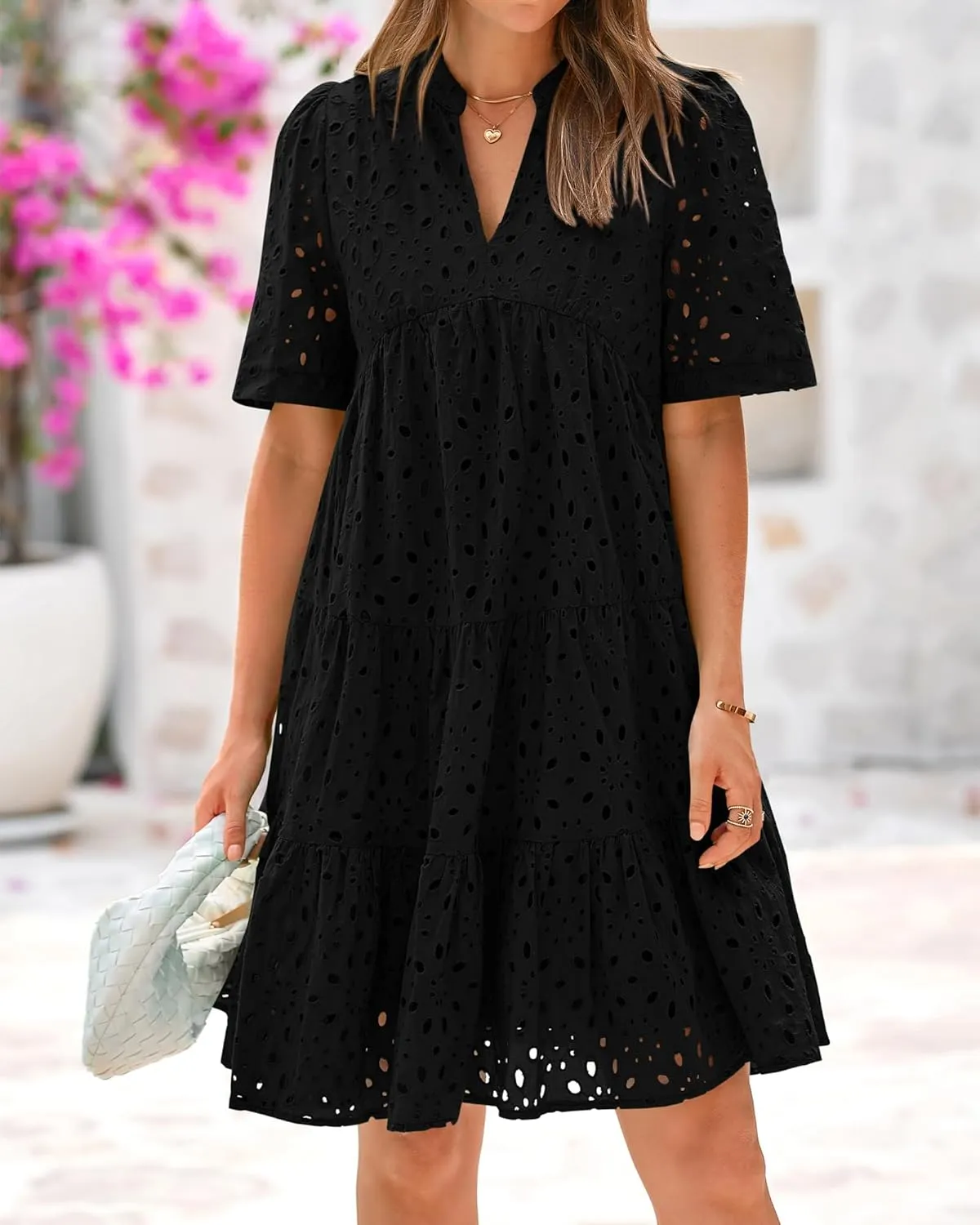 BTFBM Womens Boho Summer Dresses 2025 Resort V Neck Short Sleeve Hollow Out Lace Ruffle Casual Beach Mini Vacation Dress