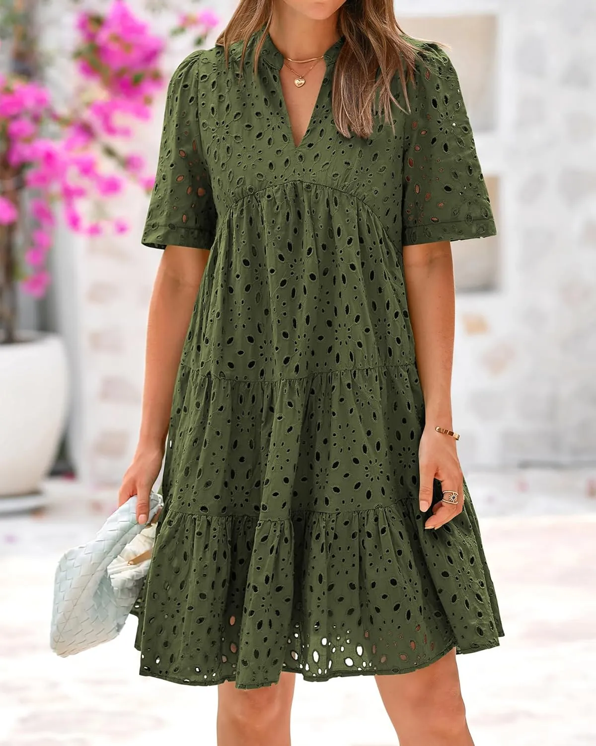 BTFBM Womens Boho Summer Dresses 2025 Resort V Neck Short Sleeve Hollow Out Lace Ruffle Casual Beach Mini Vacation Dress