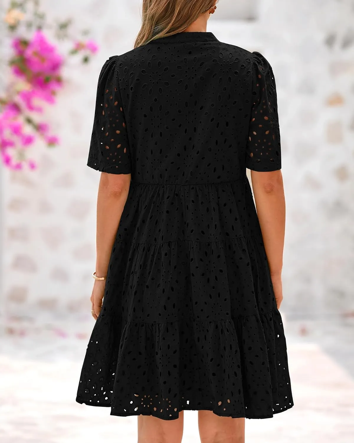 BTFBM Womens Boho Summer Dresses 2025 Resort V Neck Short Sleeve Hollow Out Lace Ruffle Casual Beach Mini Vacation Dress