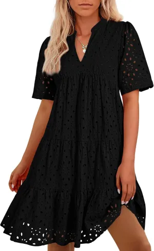 BTFBM Womens Boho Summer Dresses 2025 Resort V Neck Short Sleeve Hollow Out Lace Ruffle Casual Beach Mini Vacation Dress