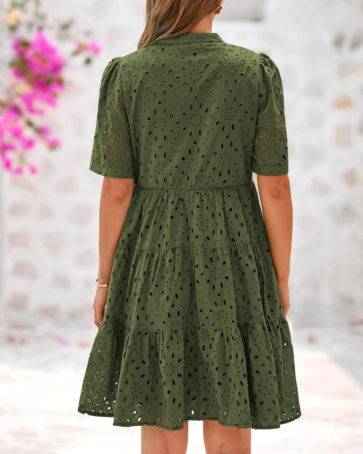 BTFBM Womens Boho Summer Dresses 2025 Resort V Neck Short Sleeve Hollow Out Lace Ruffle Casual Beach Mini Vacation Dress
