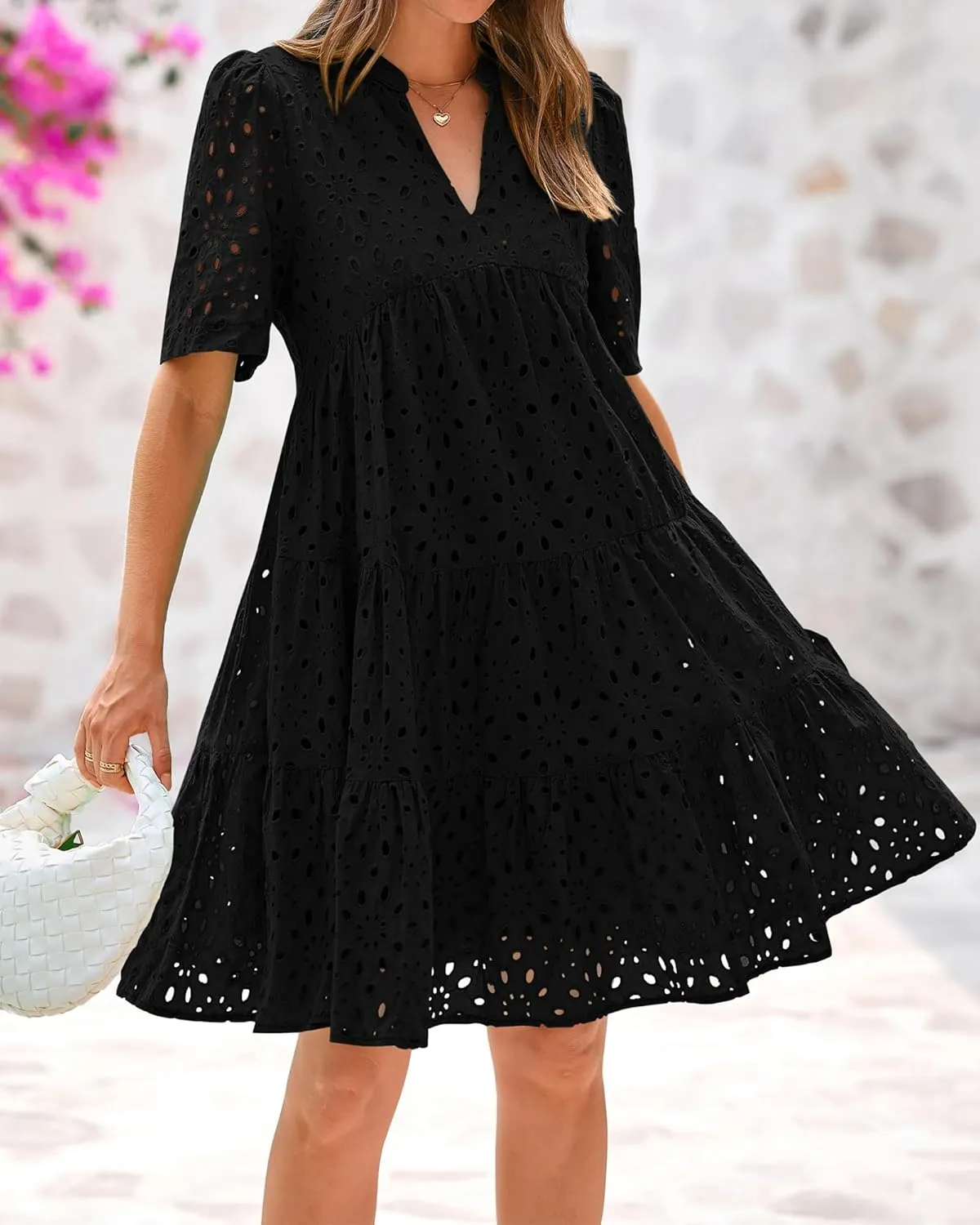 BTFBM Womens Boho Summer Dresses 2025 Resort V Neck Short Sleeve Hollow Out Lace Ruffle Casual Beach Mini Vacation Dress
