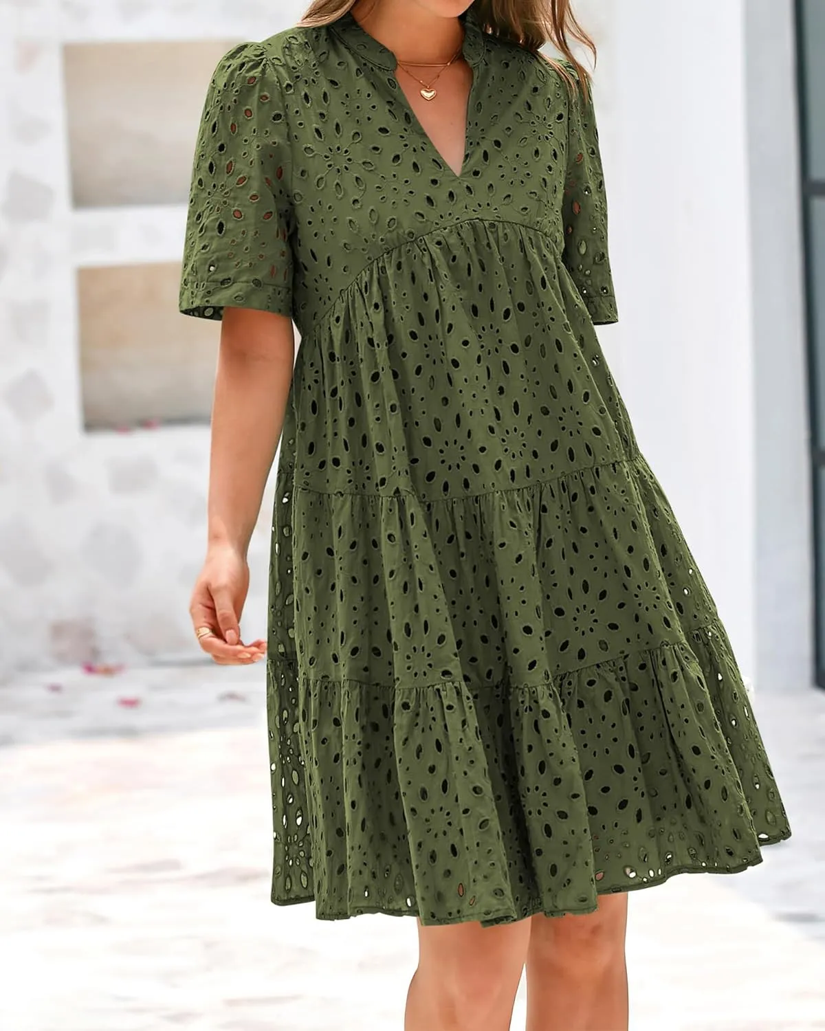 BTFBM Womens Boho Summer Dresses 2025 Resort V Neck Short Sleeve Hollow Out Lace Ruffle Casual Beach Mini Vacation Dress