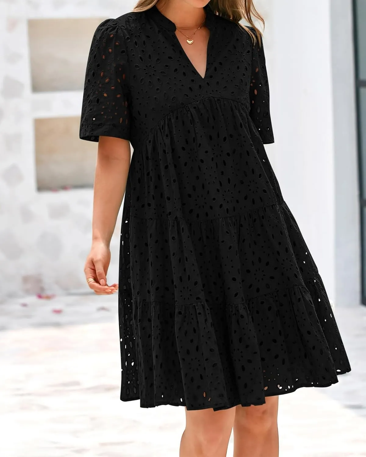 BTFBM Womens Boho Summer Dresses 2025 Resort V Neck Short Sleeve Hollow Out Lace Ruffle Casual Beach Mini Vacation Dress